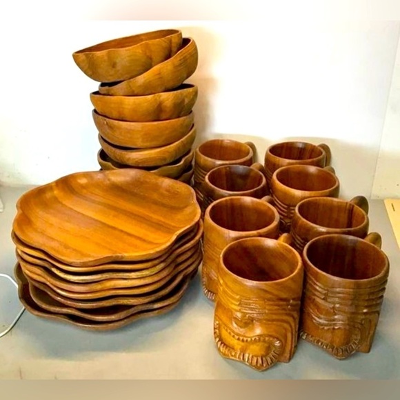 24 pc set 8 - 3pc place setting plate bowl mug homemade wood Tiki MCM Retro - Picture 1 of 7